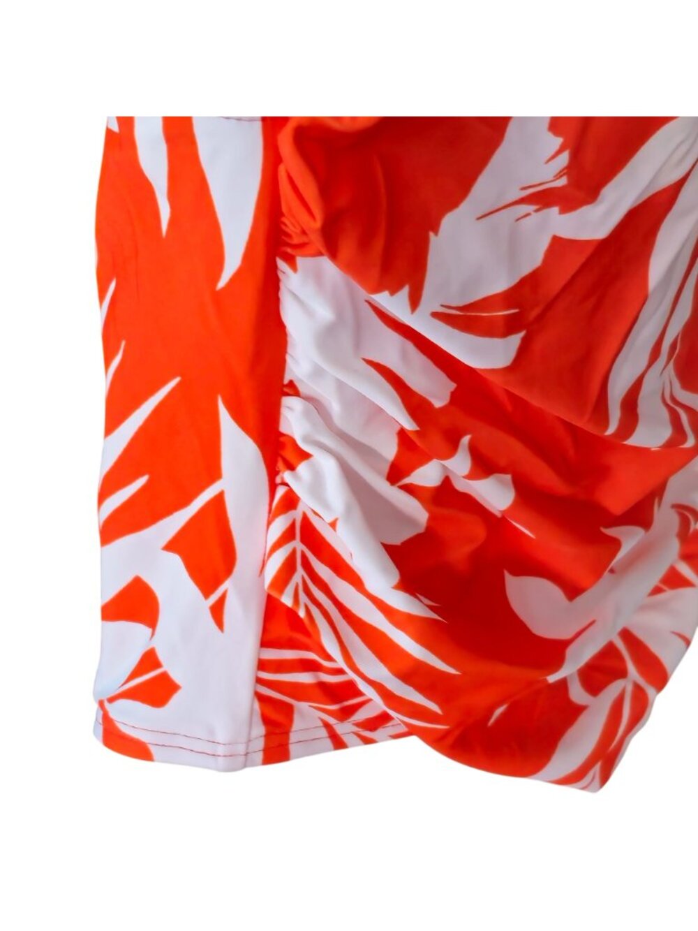 Tropical Print One-Piece Swimsuit L Orange White Ruched Adjustable Square Neck - Picture 8 of 10